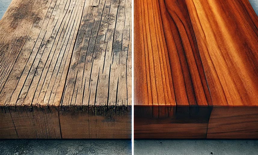 Before-and-after comparison of a wood surface: the left side appears weathered and dull, while the right side is polished and restored.