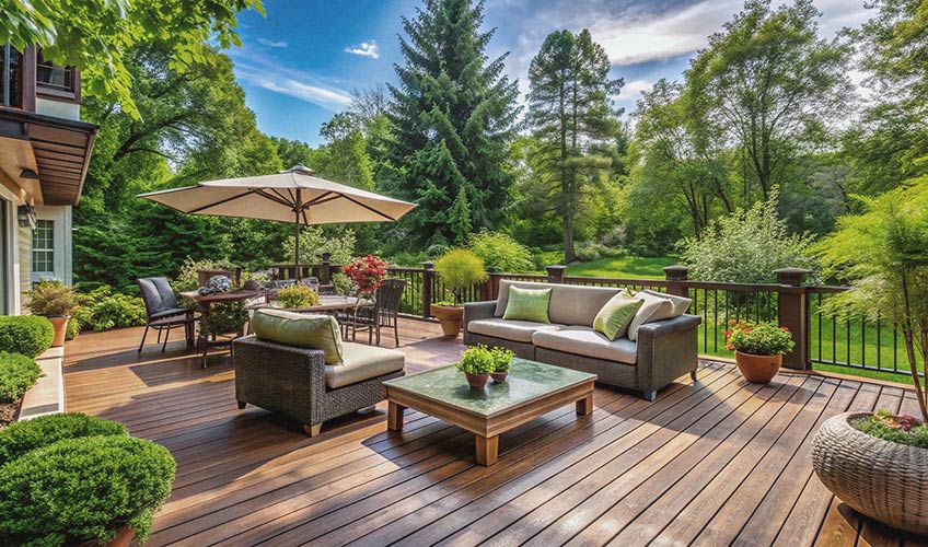 Beautiful outdoor deck with refinished wood surfaces, surrounded by greenery, featuring furniture, potted plants, and a shaded seating area.