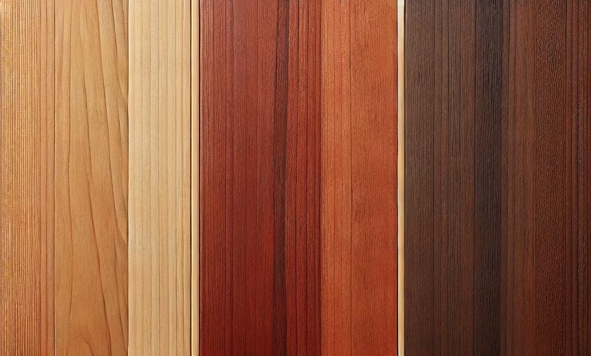 Three distinct hardwood samples—teak, mahogany, and IPE—side by side, showcasing their natural wood textures and unique tones.