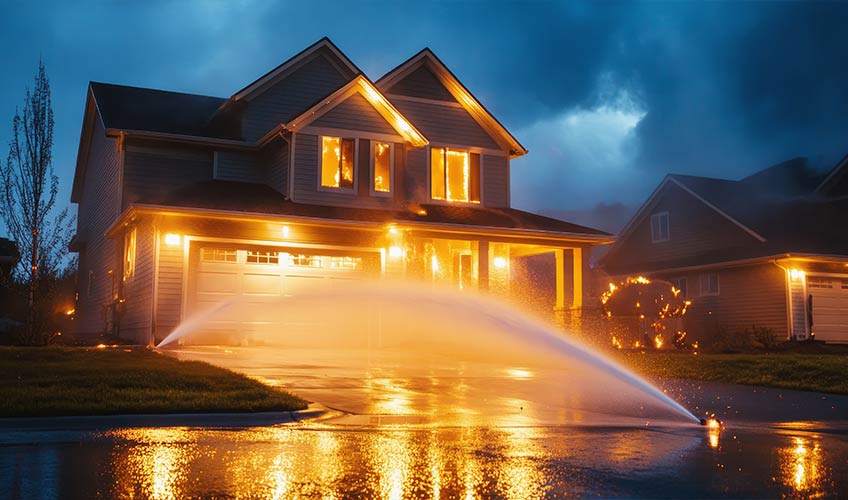 House protected with fire-retardant exterior paint during a wildfire, with sprinklers preventing flames from spreading to the property